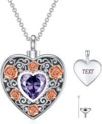 wholesale Sterling Silver Birthstone Angel Wing Cross Rose Heart Cremation Urn Necklace for Women with Funnel Kit ( chars)-Heart Personalized 06-June-Purple Amethyst-Heart Non-personalized 06-June-Purple Amethyst