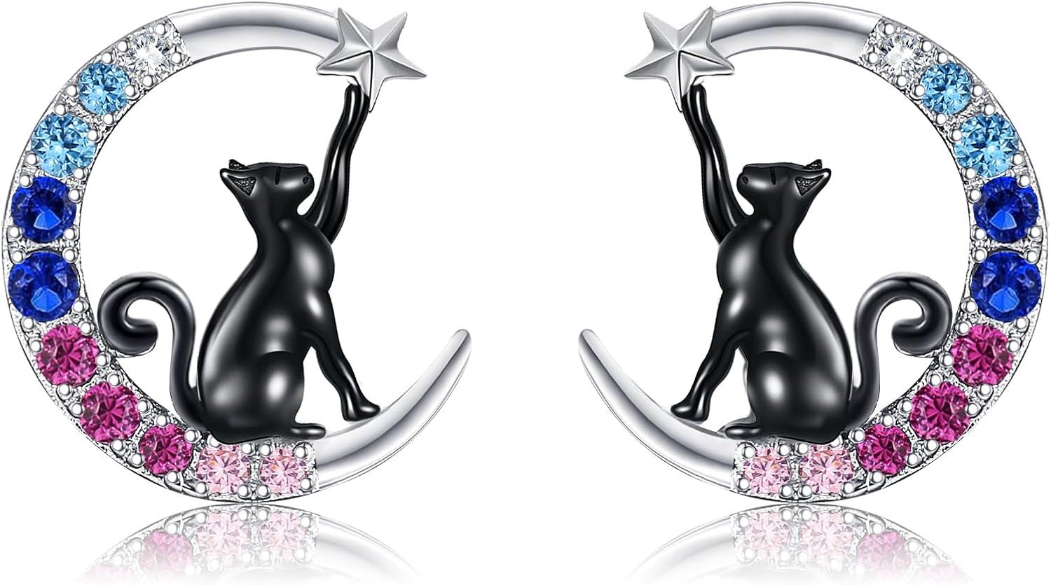  Sterling Silver Moon Cat Stud Earrings for Women Animal Earrings -0-1