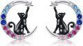 wholesale 925 Sterling Silver Moon Cat Stud Earrings with Colorful Stones and Stars for Women -0-0