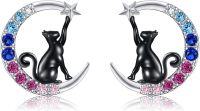 wholesale 925 Sterling Silver Moon Cat Stud Earrings with Colorful Stones and Stars for Women -Colorful CZ Moon Black Cat