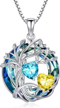 wholesale 18K White Gold Filled Sterling Silver Family Tree Pendant with 2 Heart Birthstones Blue Austrian Crystal Necklace for Women-03-11-Mar-Nov Birthstone