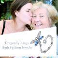 wholesale S925 Sterling Silver with Austrian Crystals Light Sapphire Dragonfly Water Droplet Adjustable Wavy Bond Ring 3.2g, Elegant Gift for Women-0-5
