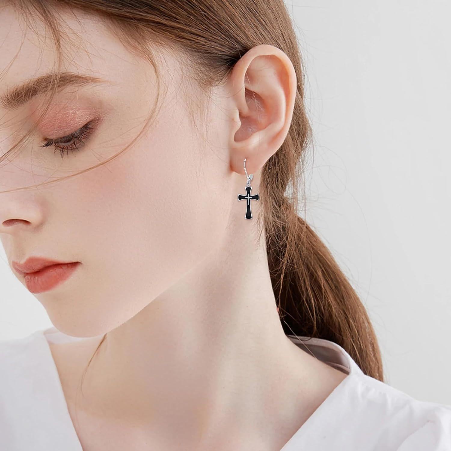 wholesale 925 Sterling Silver Black Enamel Cross Dangle Earrings for Women and Men Christian -0-3