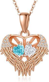 wholesale Sterling Silver 2 Birthstones Angel Wings Necklace for Women-03-04-Mar-Apr