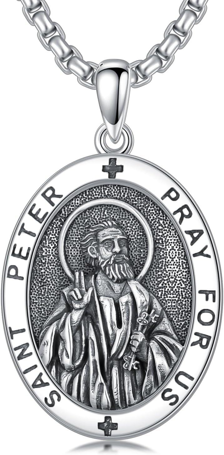 wholesale 925 Sterling Silver Stainless Steel Oval St Peter Prayer Pendant Necklace for Men & Women-0-0