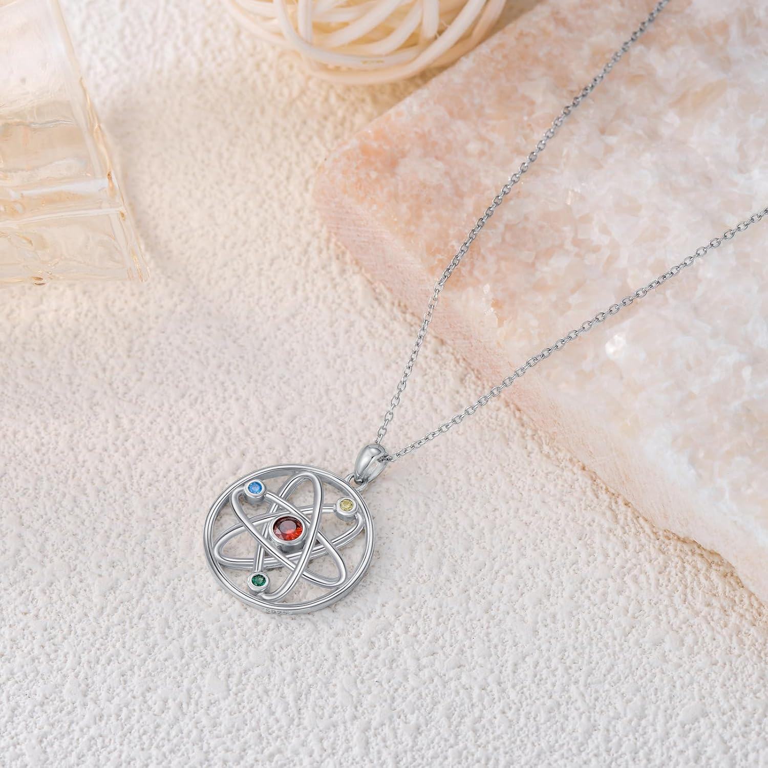 wholesale 925 Sterling Silver Atom Pendant Necklace with Colorful Stones for Nurses and Scientists Inspiring Gifts-0-3