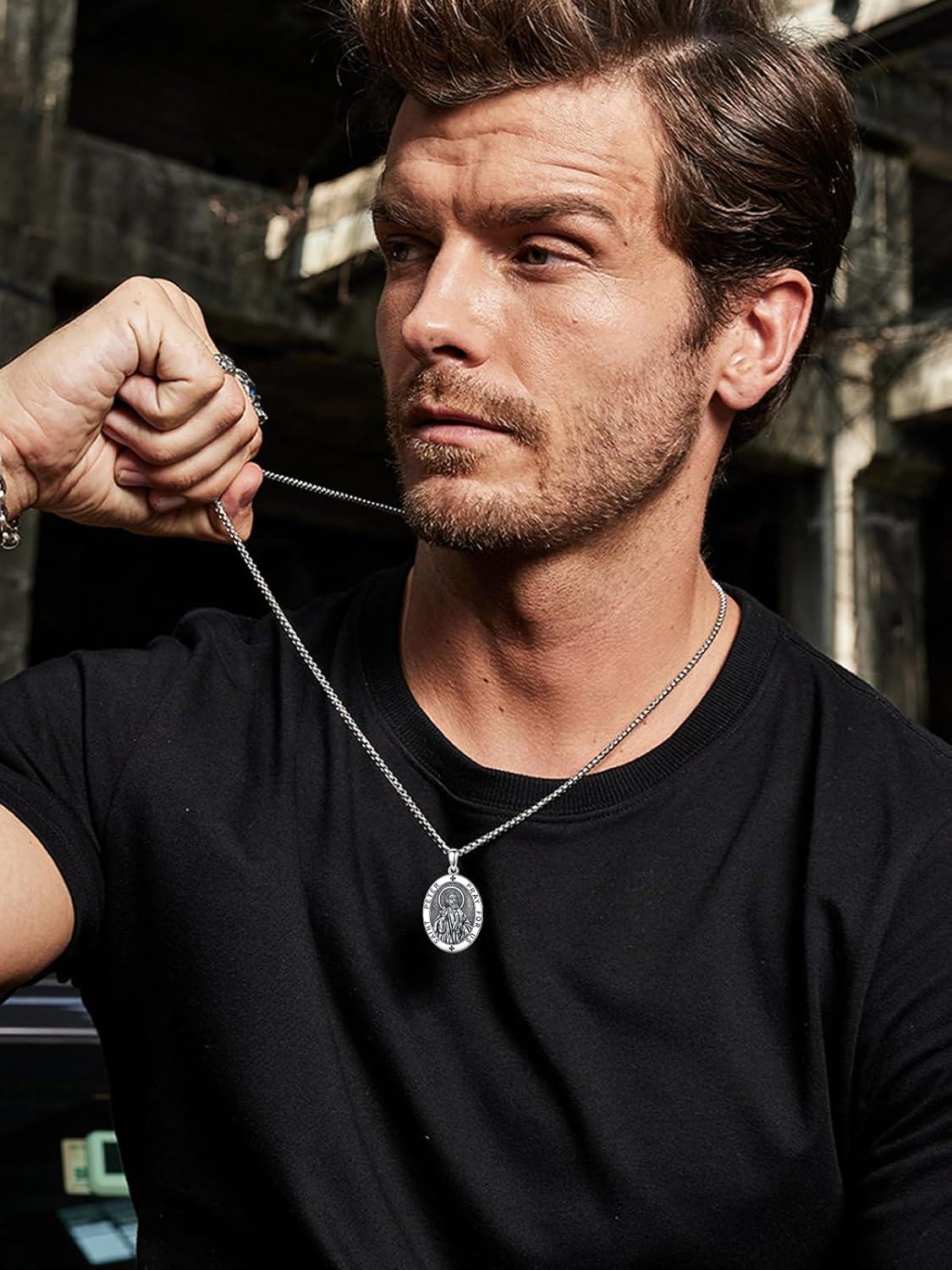 wholesale 925 Sterling Silver Stainless Steel Oval St Peter Prayer Pendant Necklace for Men & Women-0-4
