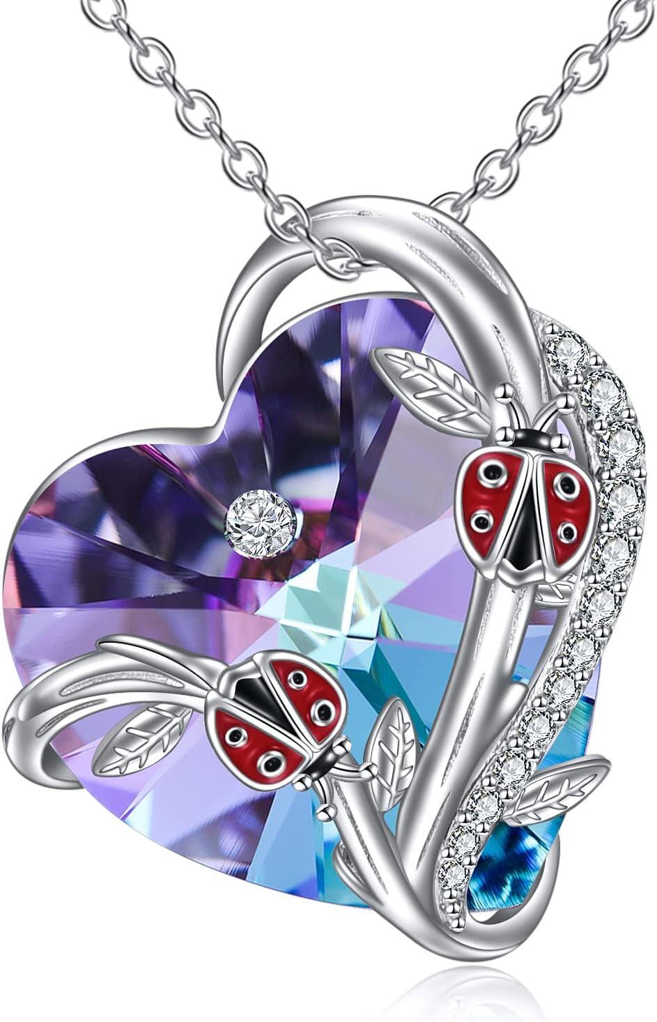 Sterling Silver Heart Crystal Necklace with Butterfly Dragonfly Bee Ladybug Spider Glowworm Jewelry for Women-0-1
