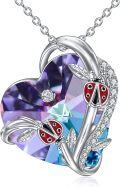 wholesale 925 Sterling Silver Purple Crystal Heart Pendant w/ Red Ladybugs & Blue Leaves Necklaces for Women-0-0