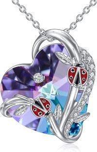 wholesale 925 Sterling Silver Purple Crystal Heart Pendant w/ Red Ladybugs & Blue Leaves Necklaces for Women-D-Ladybug