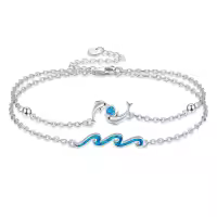 wholesale 925 Sterling Silver Blue Opal Dolphins & Waves Charm Bracelet Wholesale for Women-dolphin