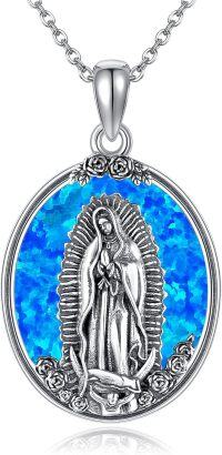 wholesale Sterling Silver Virgen de Guadalupe Necklace with Stone Mary Jewelry Gift-Blue Opal