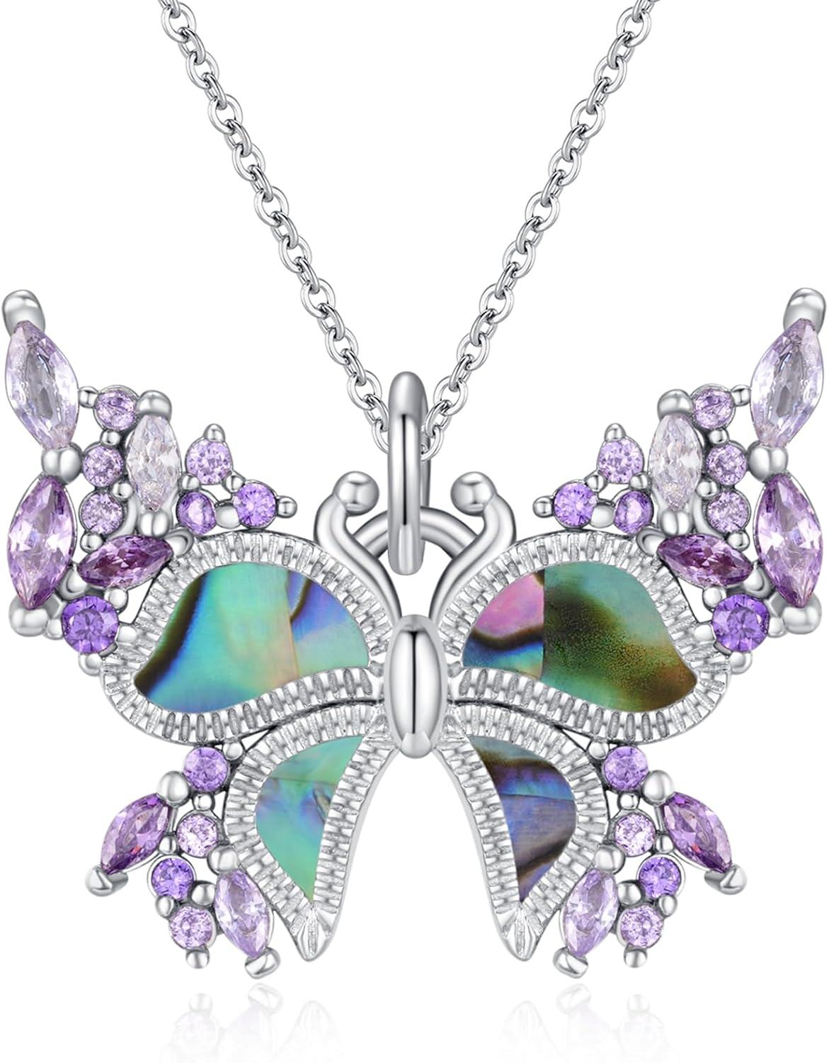wholesale 925 Sterling Silver Abalone Shell Purple Crystal Butterfly Pendant Necklace for Women-0-0