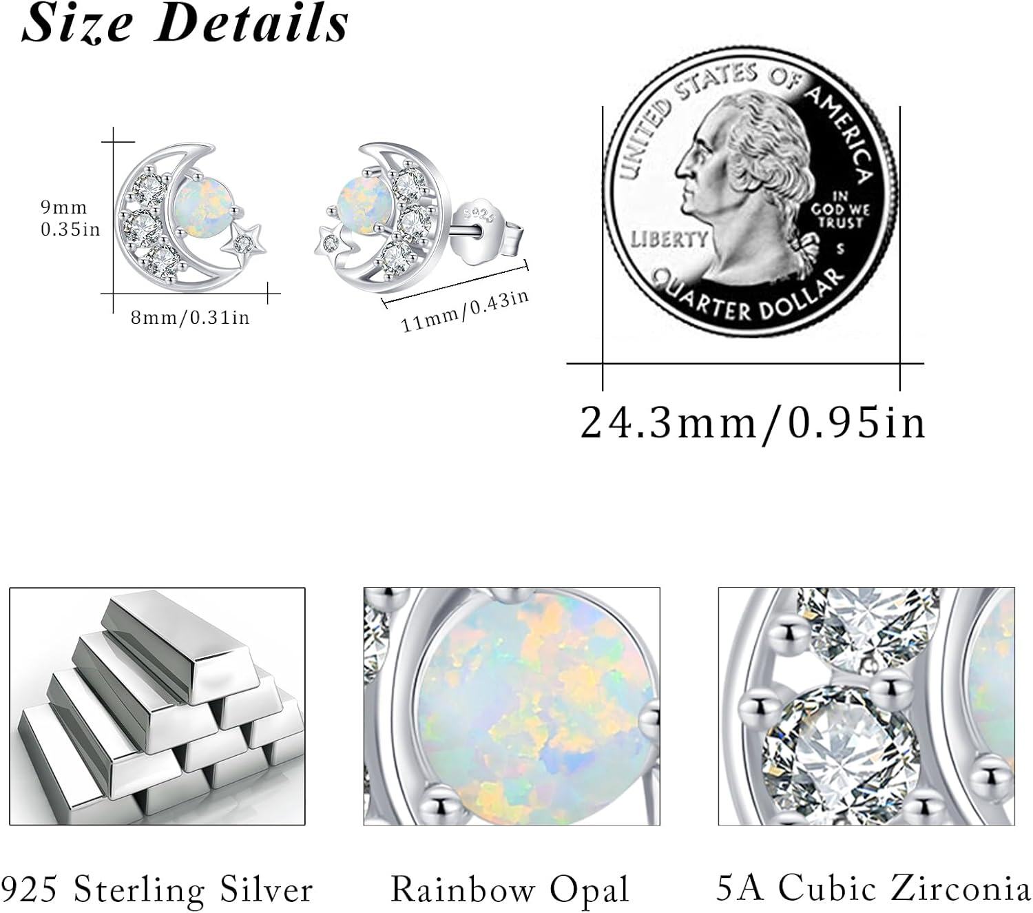 wholesale 925 Sterling Silver Opal Moon & Stars Stud Earrings - Celestial s for Women-0-4