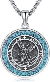 wholesale 925 Sterling Silver Turquoise Saint Michael Guardian Angel Medal Pendant Necklace Catholic s for Men & Women-B01-Saint Michael(Turquoise Gravel)