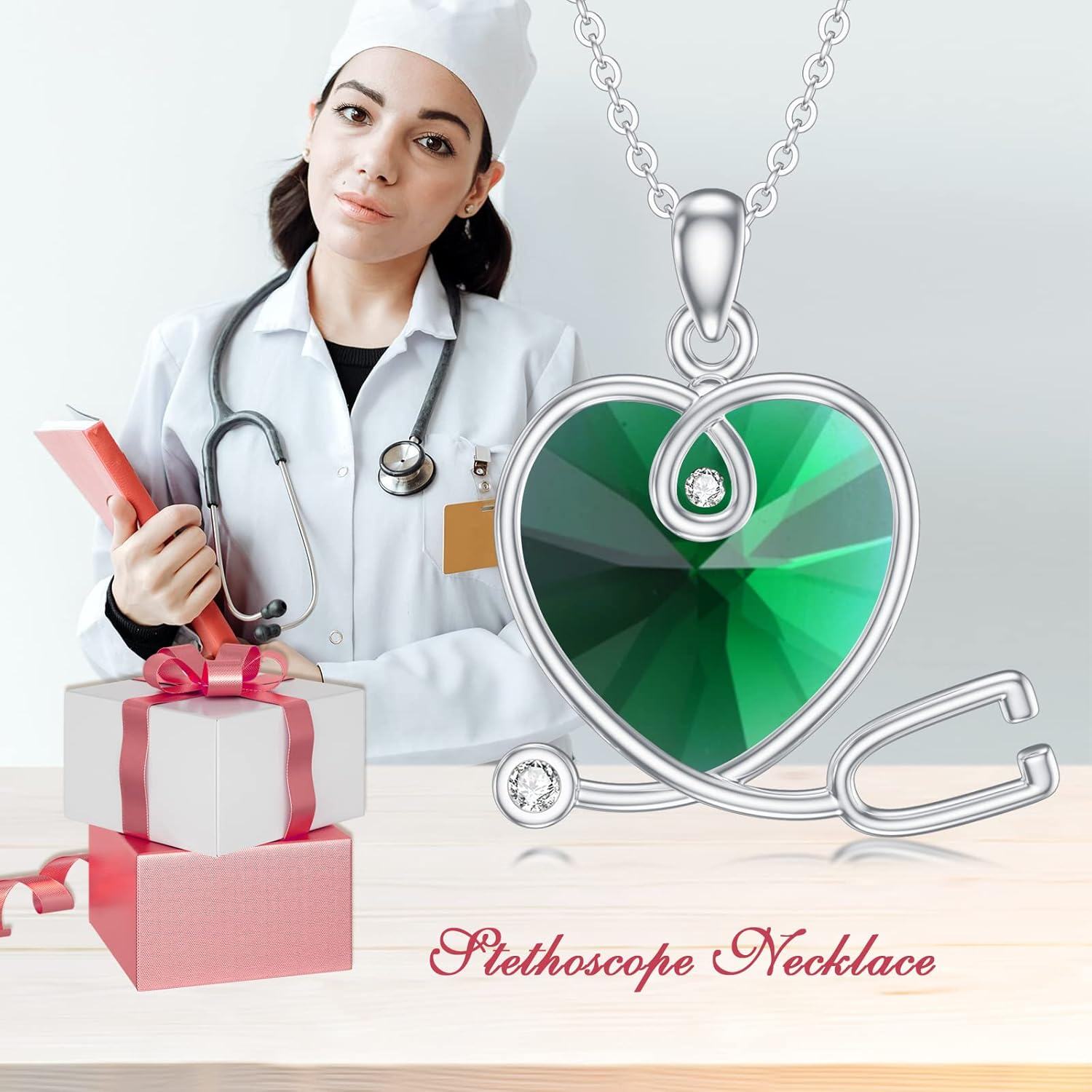 925 Sterling Silver Green Crystal Heart Shaped Stethoscope Pendant Necklace for Nurses Doctors Women  48 Chain-0-4