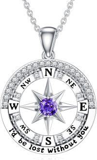 wholesale Sterling Silver Compass Birthstone Necklace  I d Be Lost Without You Pendant Jewelry for Women-Purple