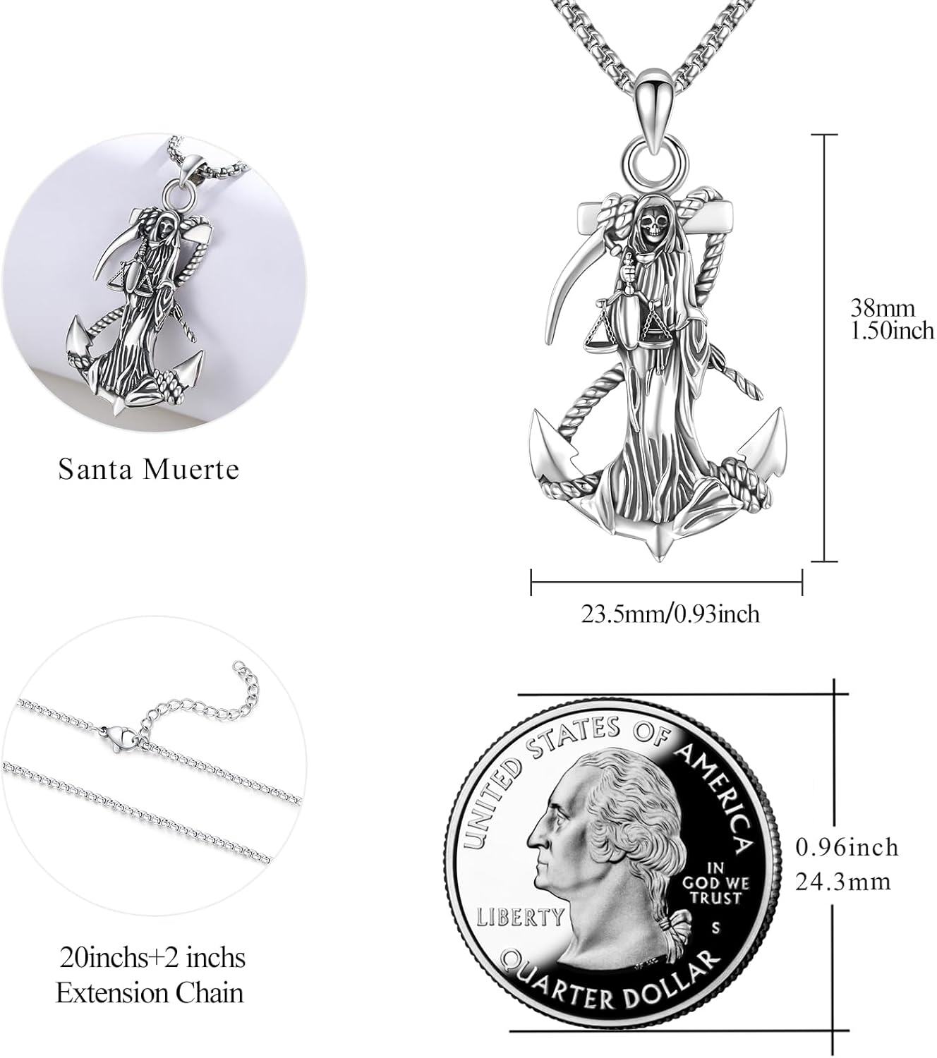 wholesale 925 Sterling Silver Grim Reaper on Anchor Pendant Chain Necklaces for Men & Women-0-2