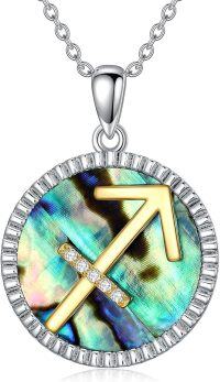 wholesale 925 Sterling Silver Abalone Shell Natural Cubic Zirconia Sagittarius Zodiac Necklace 12 Constellation Coin Pendant-Sagittarius(11.22-12.21)