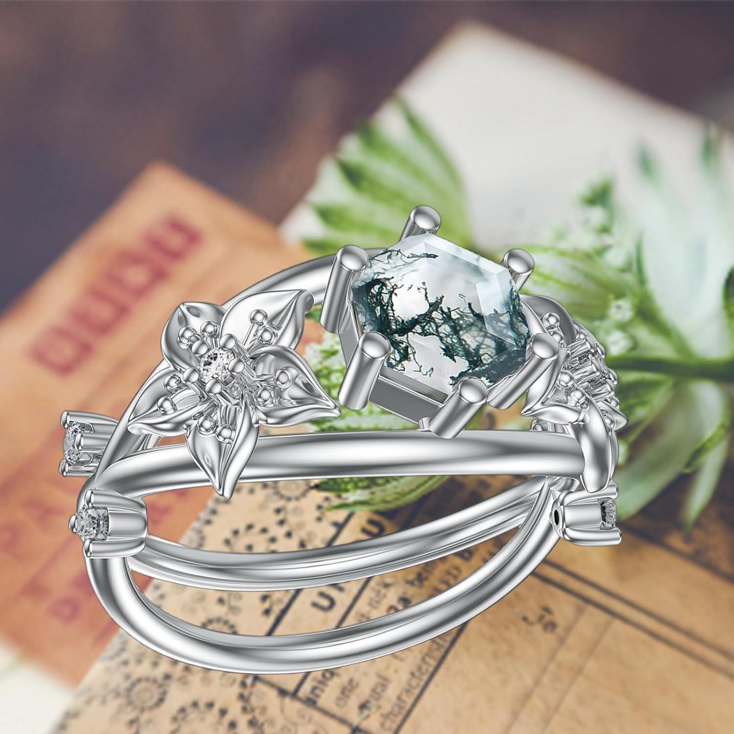 18K Gold Plated Sterling Silver 1ct Natural Moss Agate Hexagon Ring-0-3