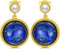 wholesale 18K Gold Plated Sterling Silver Blue Lapis Lazuli & Freshwater Pearl Dangle Earrings-Lapis Lazuli