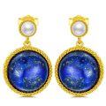 wholesale 18K Gold Plated Sterling Silver Blue Lapis Lazuli & Freshwater Pearl Dangle Earrings-0-0