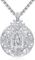 wholesale 925 Sterling Silver Round Virgin Mary Pendant with Cubic Zirconia and Chain - Religious Jewelry for Women-0-0