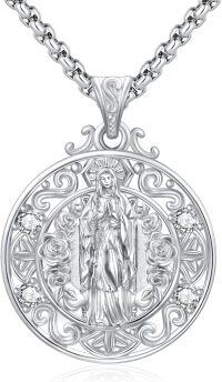 wholesale 925 Sterling Silver Round Virgin Mary Pendant with Cubic Zirconia and Chain - Religious Jewelry for Women-A-Silver
