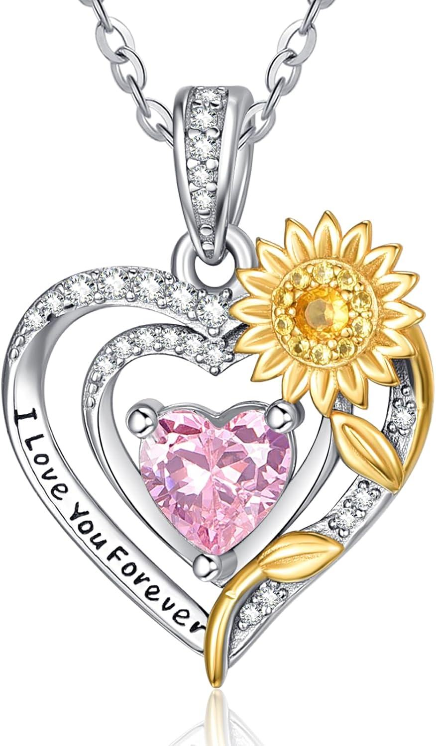 Sterling Silver Sunflower Birthstone Pendant Necklace for Women-10-Oct