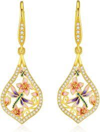 wholesale 925 Sterling Silver Plated Gold  Teardrop Flower & Dragonfly Drop Earrings - Gifts for Her-Dragonfly2