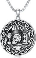 wholesale 925 Sterling Silver Skull Pendant with Hourglass and Candle Charm on Beaded Chain - Memento Mori Design-0-0