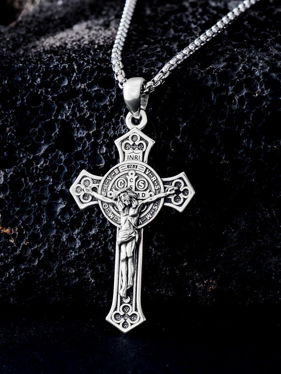 wholesale 925 Sterling Silver Cross Pendant Necklace with Stainless Steel Chain for Men & Women - Protection Amulet Religious Jewelry with 24+2mm Rolo Chain (Gift Included)-0-4