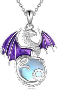 wholesale 925 Sterling Silver Purple Enamel Dragon Pendant with Blue Stone Necklace-Dragon Necklace