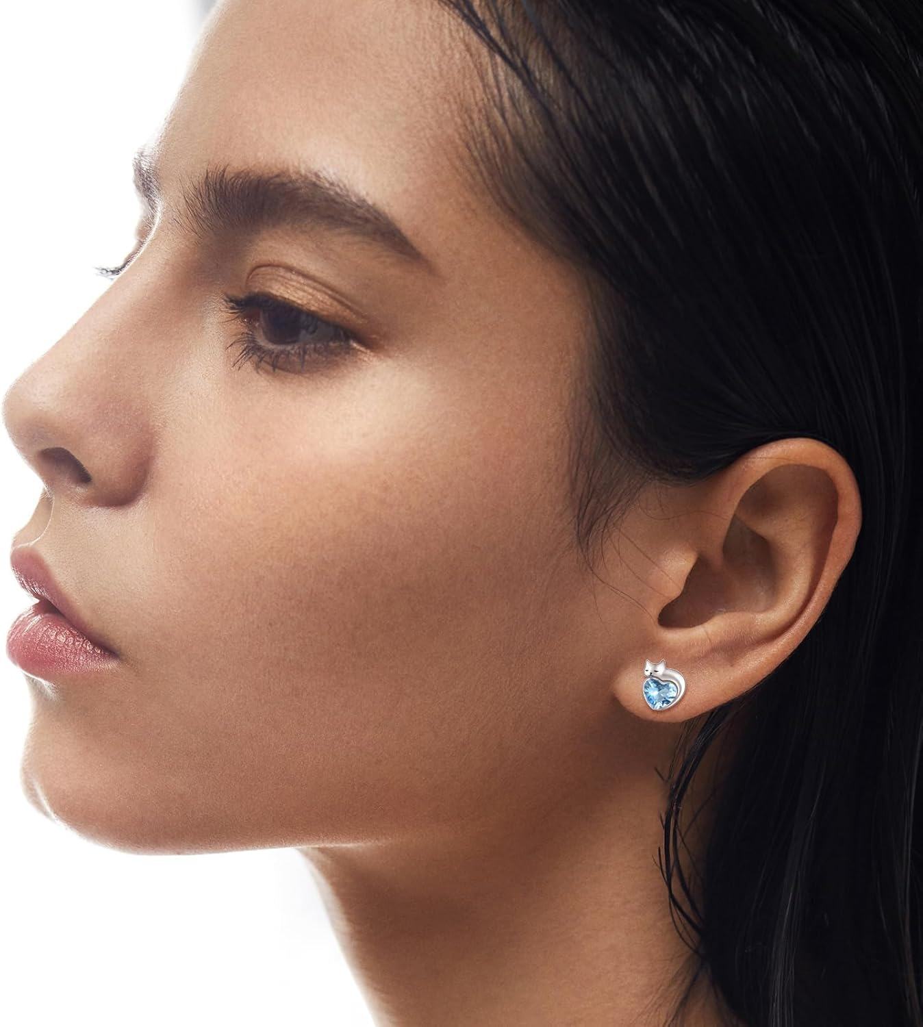 wholesale 925 Sterling Silver Birthstone Cat Stud Earrings Heart Jewelry for Women-0-3