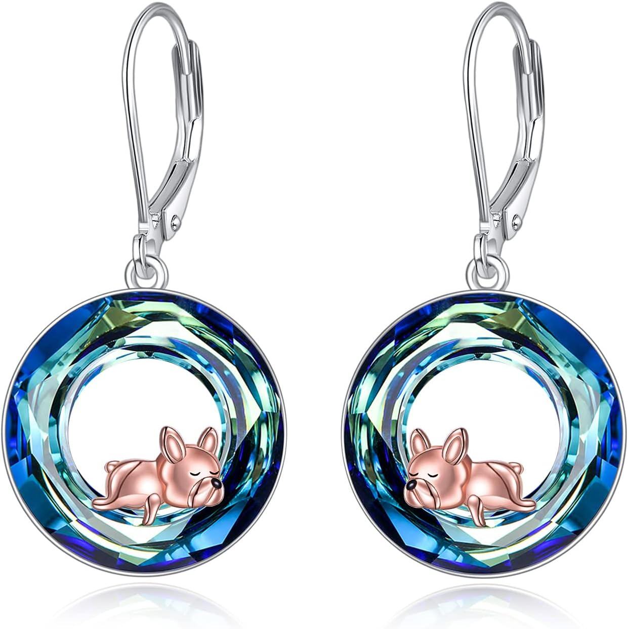 Sterling Silver Blue Crystal French Bulldog Leverback Earrings for Women-0-0