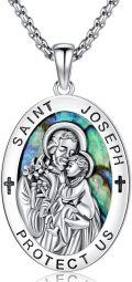 wholesale 925 Sterling Silver St Joseph Pendant with Abalone Shell and Crosses on 3mm Ball Chain - Protect Us Charm Necklace for Men Women Boys Girls (Silver)-0-0