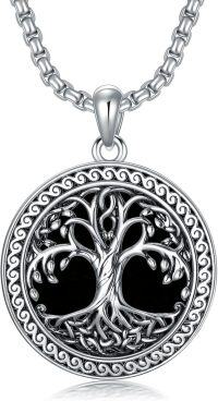 wholesale 925 Sterling Silver Gold Plated Round Black Tree of Life Necklace Pendant Jewelry for Men & Women-A01-Obsidian