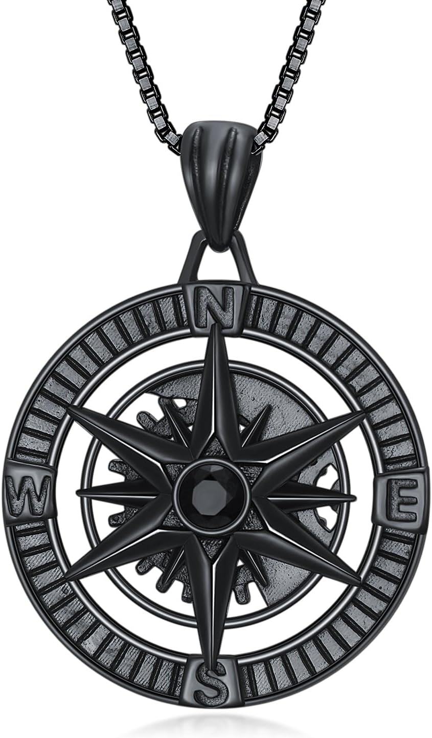 Sterling Silver Stone Compass Necklace for Men Women Travel Talisman Pendant Unique Inspirational Gift for Birthday Christmas Graduation-03-Compass