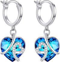 wholesale 925 Sterling Silver Blue Heart Crystal Dangle Hoop Earrings for Women-Silver