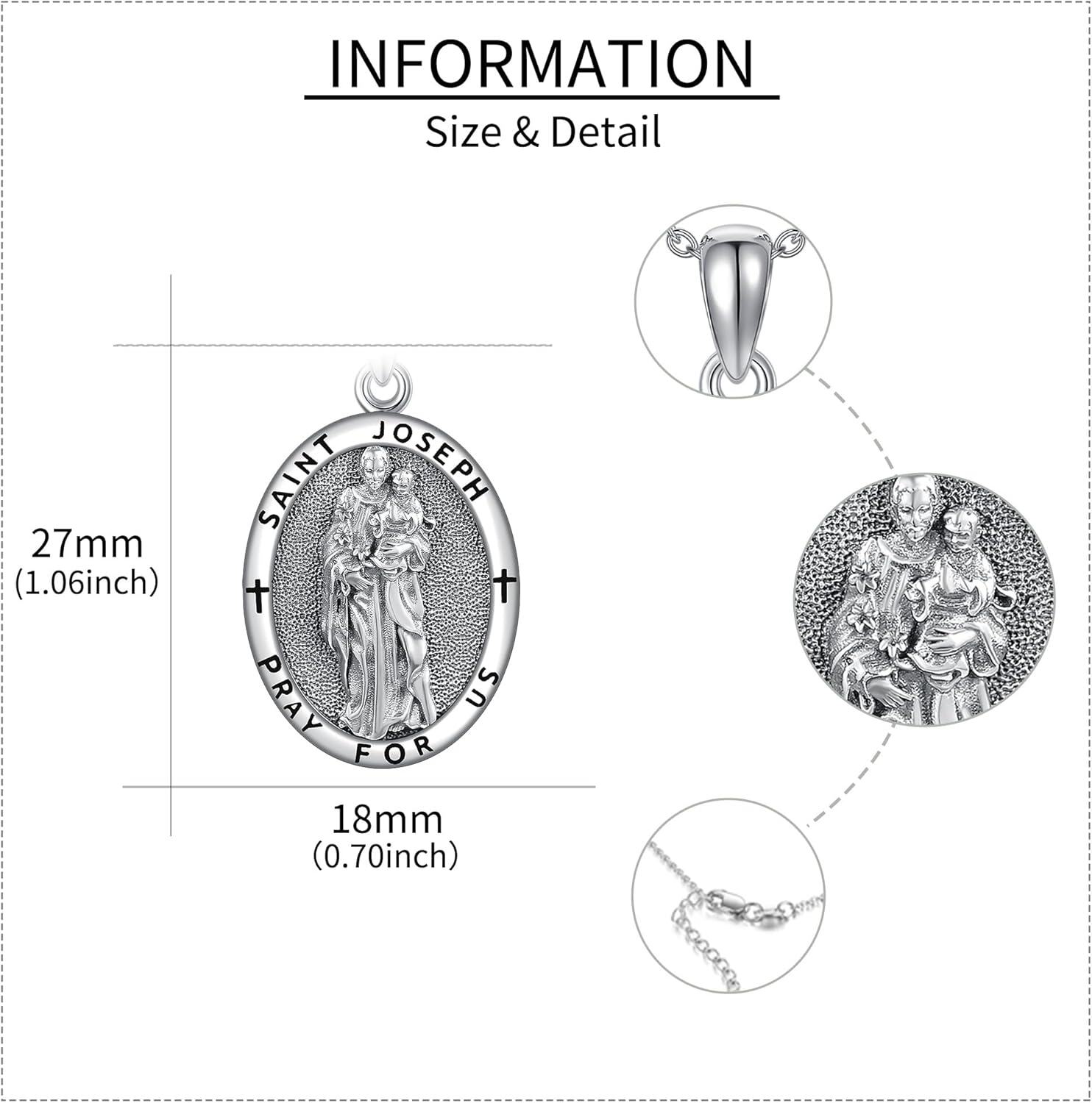 925 Sterling Silver Religious St Joseph Medal Necklace Protection Gift for Men & Women-0-4