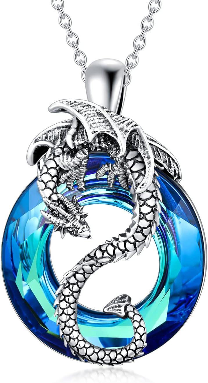 Sterling Silver Crystal Dragon Wyvern Necklace Jewelry Gift for Women-Blue