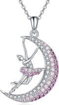 wholesale 925 Sterling Silver Pink Crystal Moon Ballet Dancer Pendant Necklace-0-0