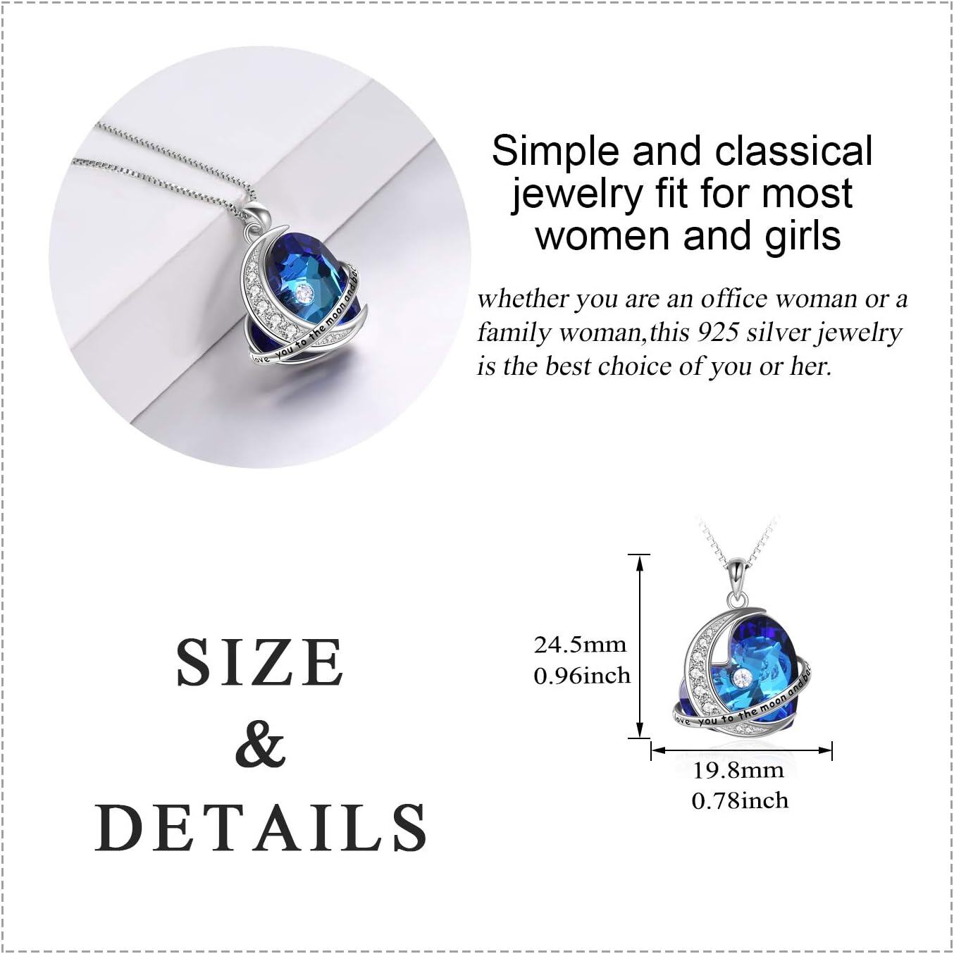 Sterling Silver Blue Crystal Heart Pendant Necklace for Wife Girlfriend-0-2