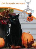 wholesale 925 Sterling Silver Halloween Pumpkin Black Cat Necklace with Blue Stone and Crescent Moon Design-0-5