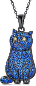 wholesale S925 Sterling Silver Blue Crystal Cat Pendant Necklace for Women-0-0