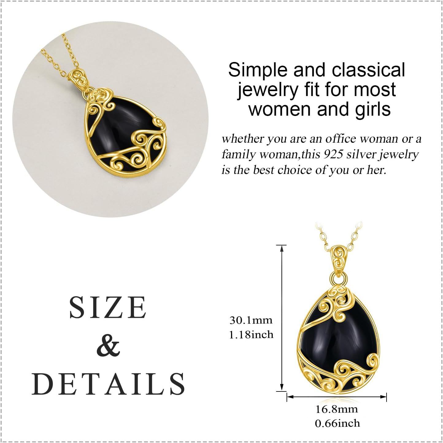 wholesale Gold-Plated 925 Sterling Silver Black Onyx Bohemian Teardrop Pendant Necklace-0-4