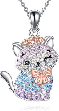 wholesale 925 Sterling Silver Rose Quartz Crystal Princess Cat Pendant Necklace for Women-C-Cubic Zirconia Kitty Cat