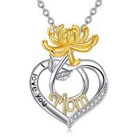 wholesale 925 Sterling Silver I Love You Mom Heart Pendant Necklace Gold Flower Cubic Zirconia-11-November-Chrysanthemum