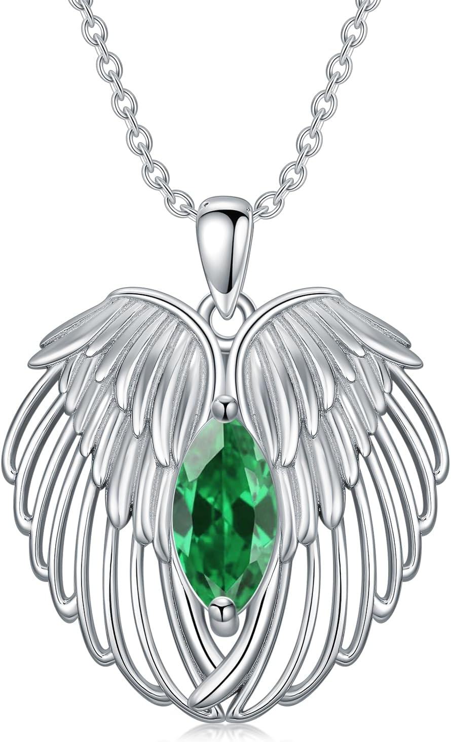  Sterling Silver Birthstone Angel Wings Necklace for Women -05-Emerald