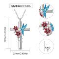 wholesale 925 Sterling Silver Cross Urn Necklace Blue Hummingbird Red Flower Cremation Memorial Pendant-0-1